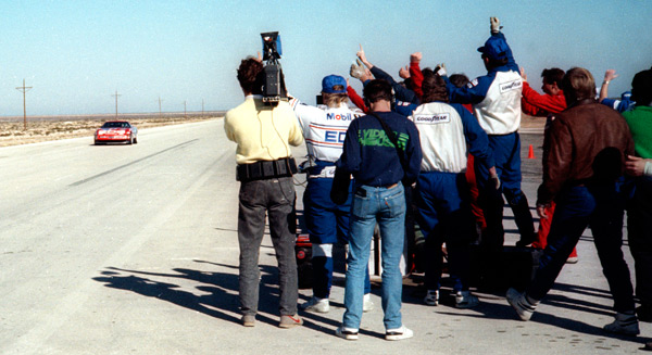 Mid-morning on 2 March. Tommy Morrison roars past his jubilant Team members after breaking the 24-Hour World Land Speed Record: Image: Stuart Hayner.